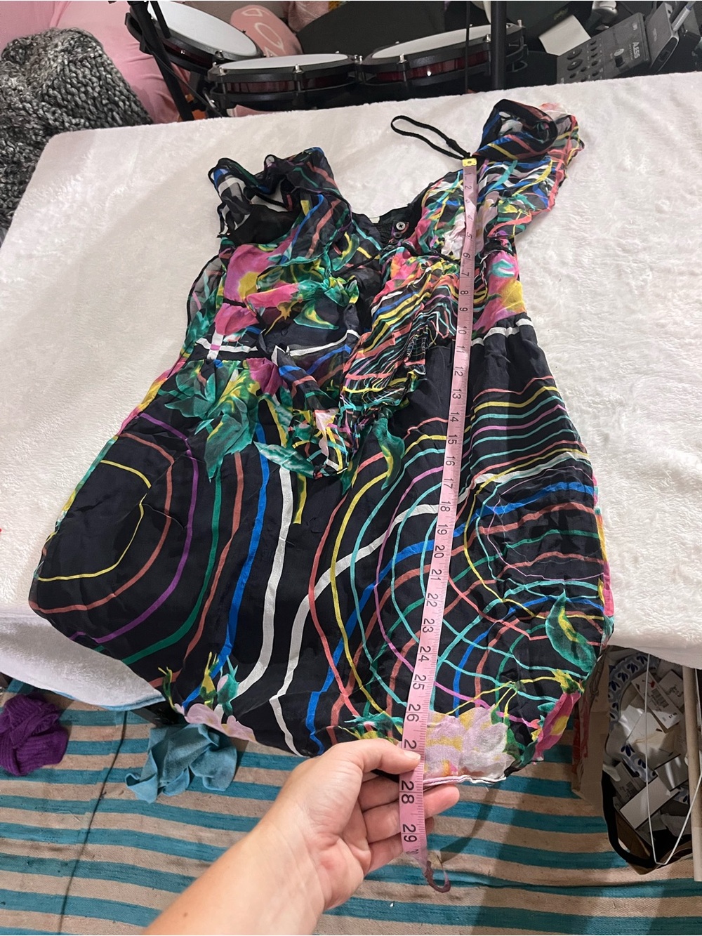 100% Silk Mini Dress Abstract Ark & Co Multicolor Ruffled Chiffon Whimsical Fun - Picture 11 of 16